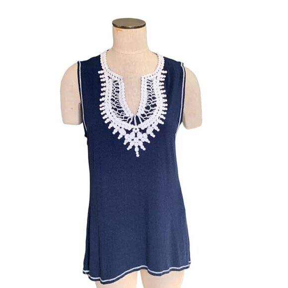 Max Studio Sleeveless Tank Top Crochet Lace Embellished XL Navy Blue 75B - Picture 1 of 9